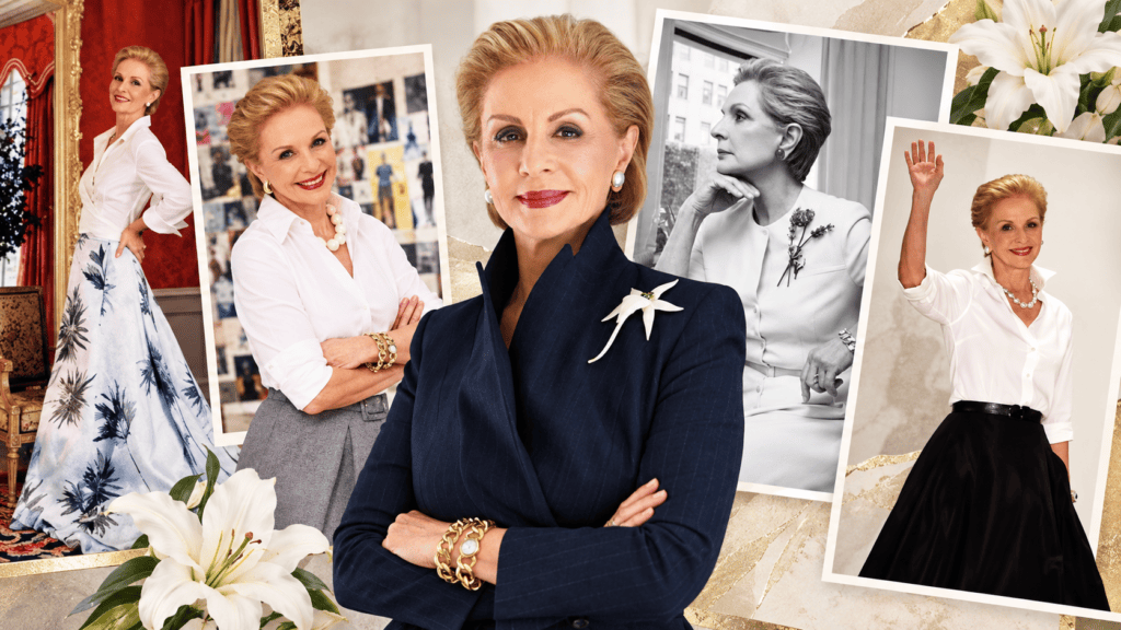 Colaj cu Carolina Herrera purtând cămașa albă în mai multe ipostaze, alături de o ținută cu sacou bleumarin